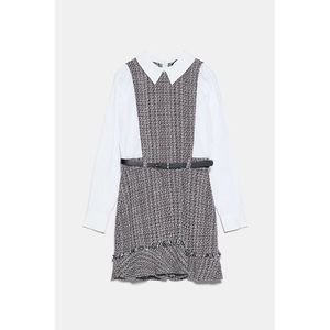 Zara White Collared Long Sleeve Combination Pinafore Belted Tweed Mini Dress